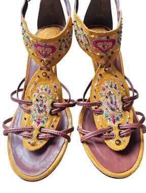 Aldo Mustard Suede Beaded Embroidered Women's Sandals